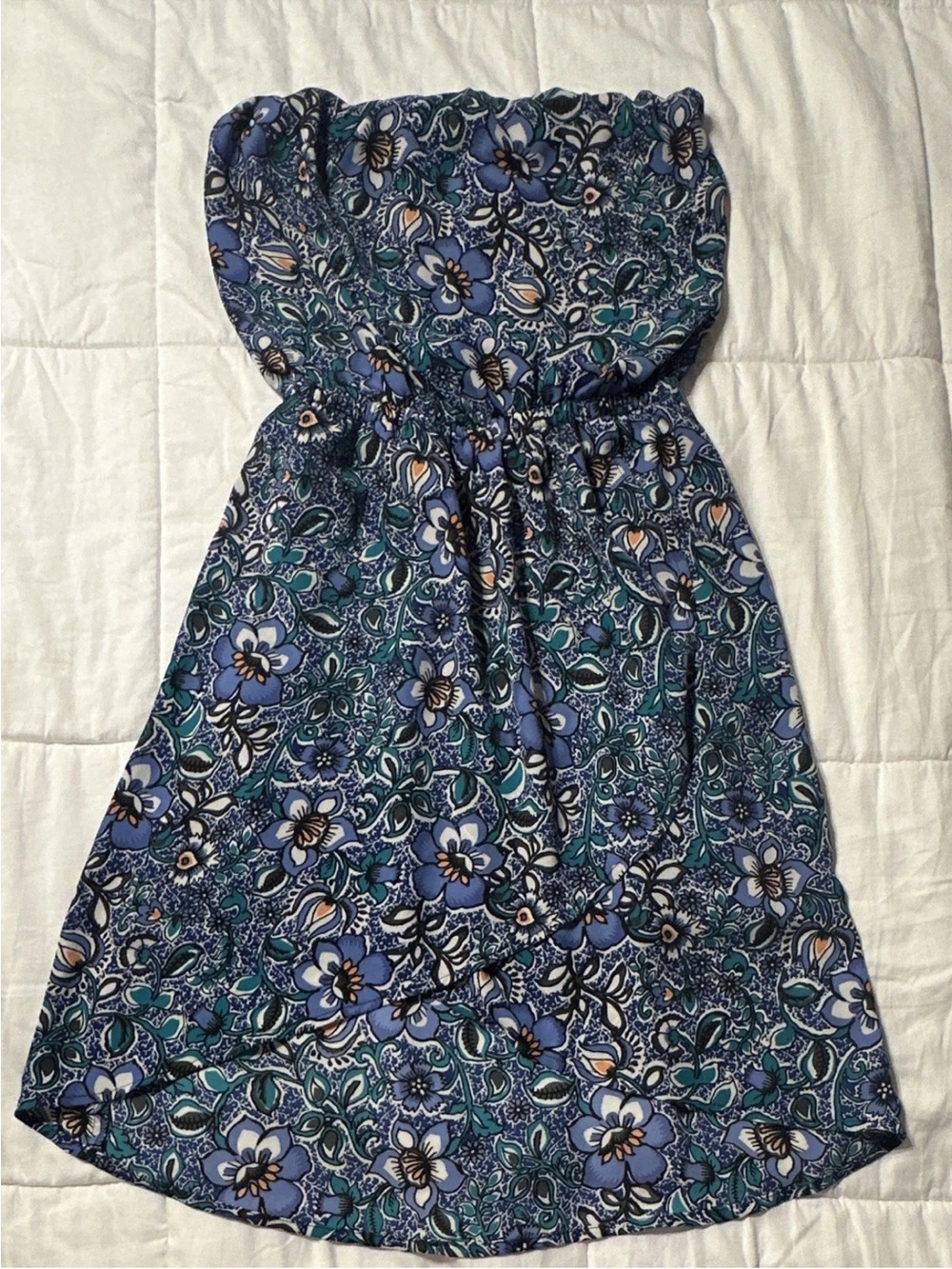 Express Women’s Blue Green White Floral Strapless Chiffon Dress Elastic XS